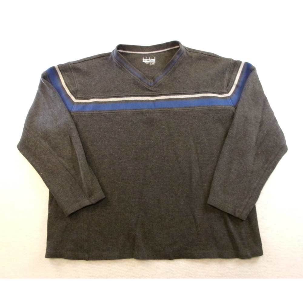 Basic‎ Editions V-Neck Pullover Mens XL Gray Striped Long Sleeve Shirt